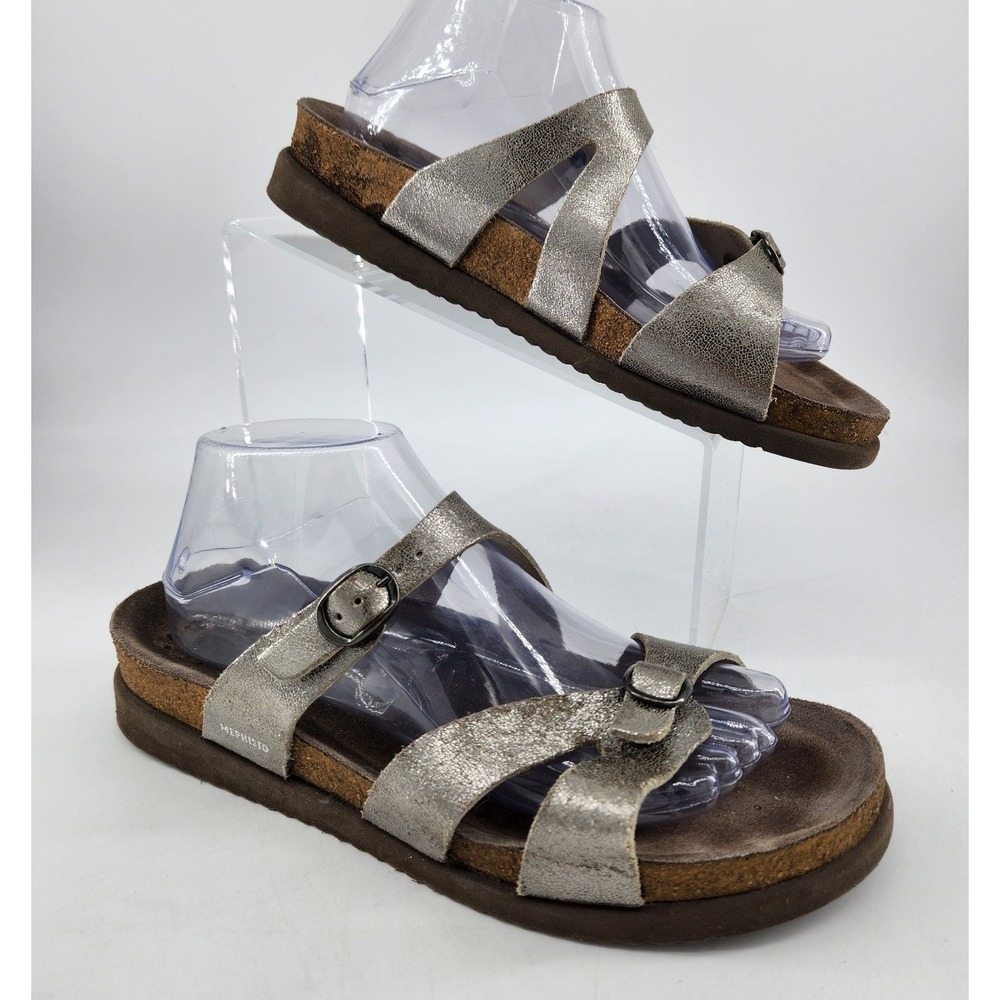 Mephisto Hannel Sandals Sz 40 US 10 Metallic Silver Leather Cork Footbed Slides